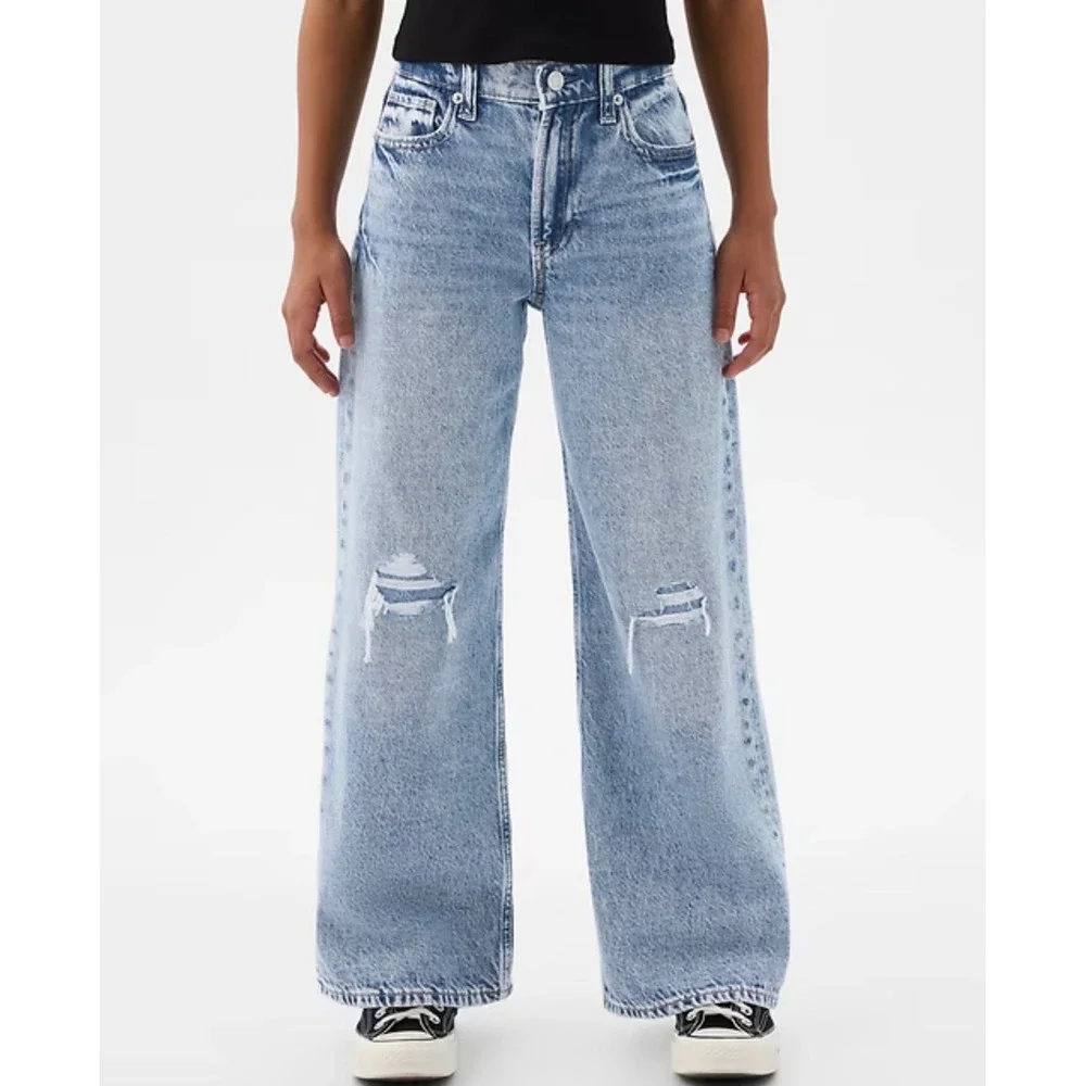 Gap Kids Girls High Rise Wide Leg Distressed Jeans Light Wash Blue